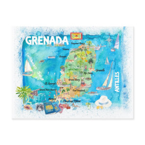 Grenada Antilles Illustrated Caribbean Travel Map  Postcard