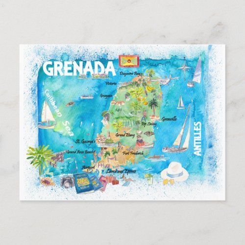 Grenada Antilles Illustrated Caribbean Travel Map  Postcard