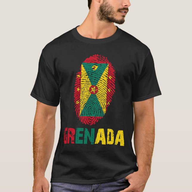 Grenada Finger Print Flag I Love Grenada Travel T-Shirt (Front)