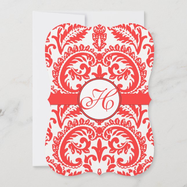 Grenadine Snapdragon Coral Damask Wedding Invitation (Back)