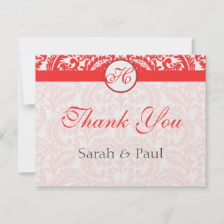 Grenadine Snapdragon Coral Damask Wedding Thank You Card