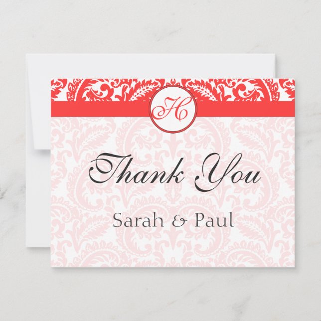 Grenadine Snapdragon Coral Damask Wedding Thank You Card (Front)
