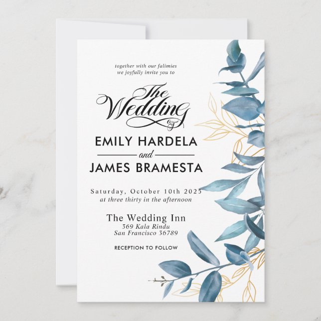 Greneery Watercolor Eucalyptus Budget Wedding Invitation (Front)