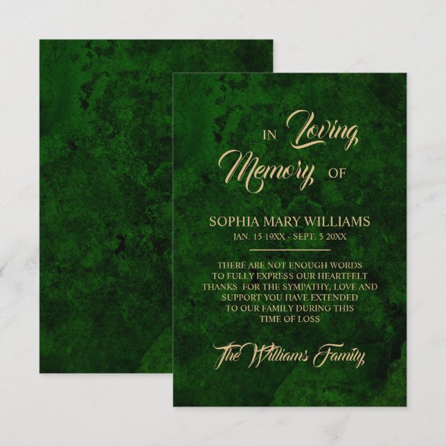 Grenery & Gold Sympathy Memory Thank You Card (Front/Back)