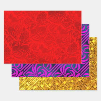 Grenoble Red,, Nouveau and Gold Shimmer  Sampler Wrapping Paper Sheets