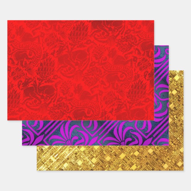 Grenoble Red,, Nouveau and Gold Shimmer  Sampler Wrapping Paper Sheets (Set)