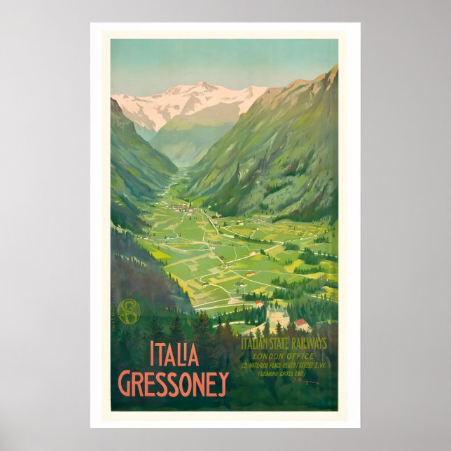 Gressoney Italy Italian State Railroad Vintage Poster (Front)