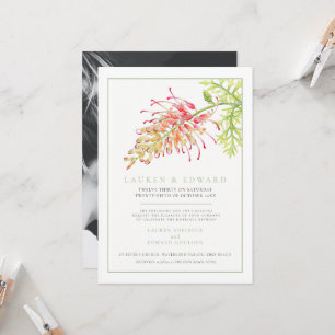 Grevillea botanical watercolor wedding green photo invitation