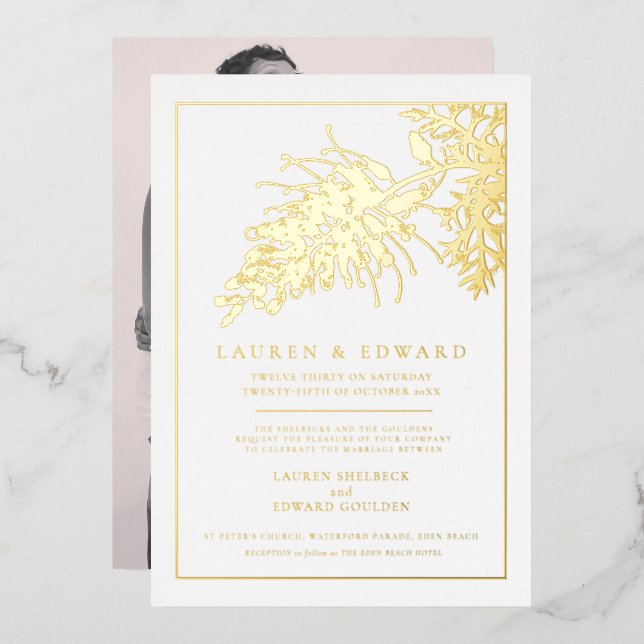Grevillea flower gold white wedding  foil invitation (Front/Back)