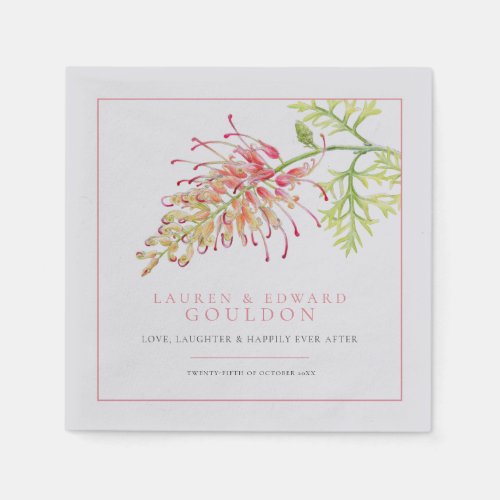 Grevillea flower watercolor wedding coral pink napkins