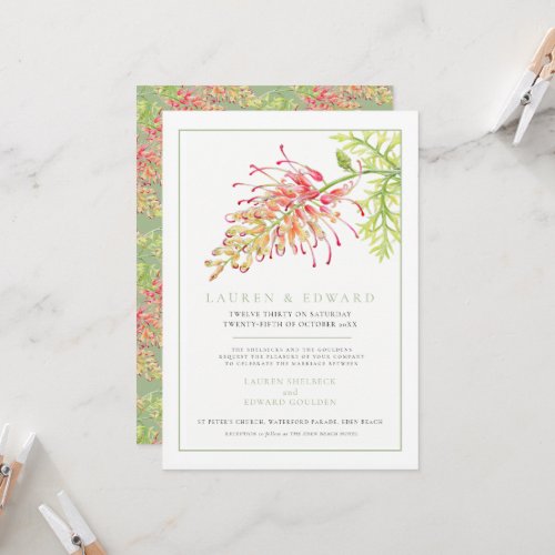 Grevillea flower watercolor wedding green white invitation