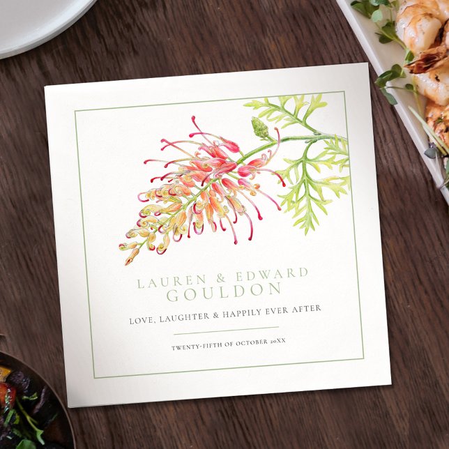 Grevillea flower watercolor wedding green white napkins (Creator Uploaded)