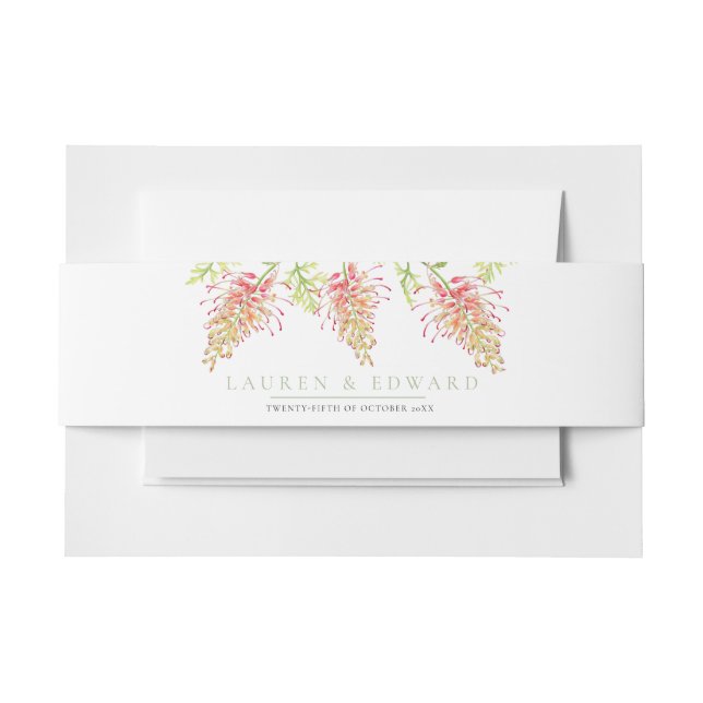 Grevillea flowers watercolor wedding green white invitation belly band (Front Example)