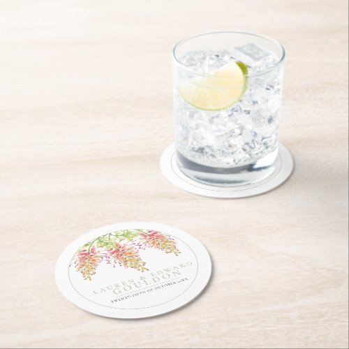 Grevillea flowers watercolor wedding green white round paper coaster