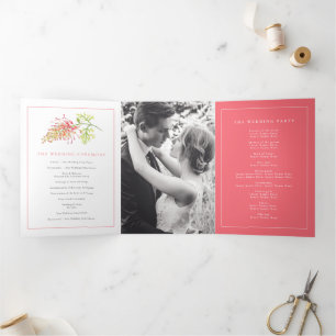 Grevillea watercolor floral coral white wedding Tri-Fold program