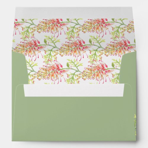 Grevillea watercolor floral green orange wedding envelope