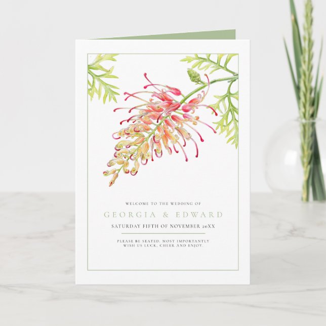 Grevillea watercolor floral green white wedding program (Front)