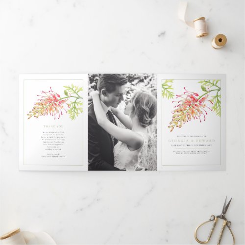 Grevillea watercolor floral green white wedding Tri_Fold program