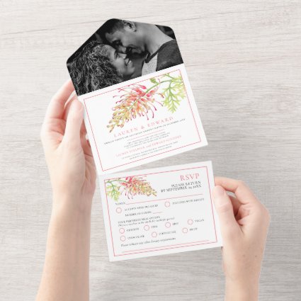 Grevillea watercolor floral wedding RSVP options All In One Invitation