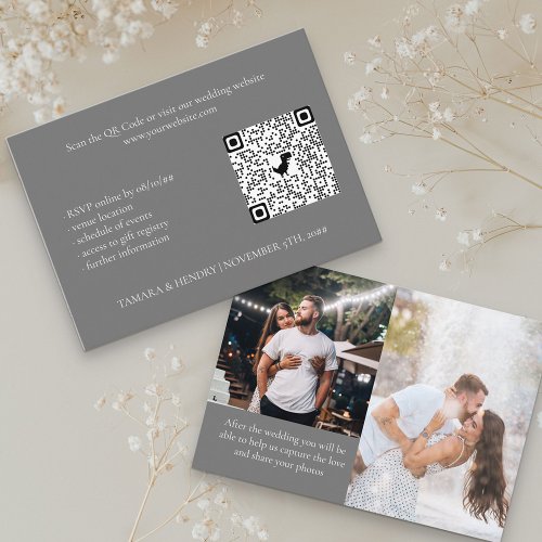 Grey 2 Photo Online RSVP QR Code Wedding Enclosure Card