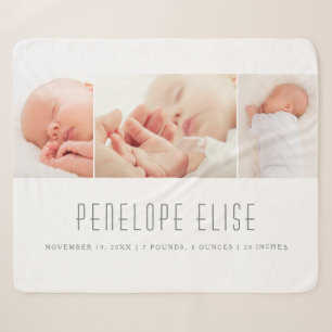 Grey 3 Photo Collage Baby Birth Sherpa Blanket