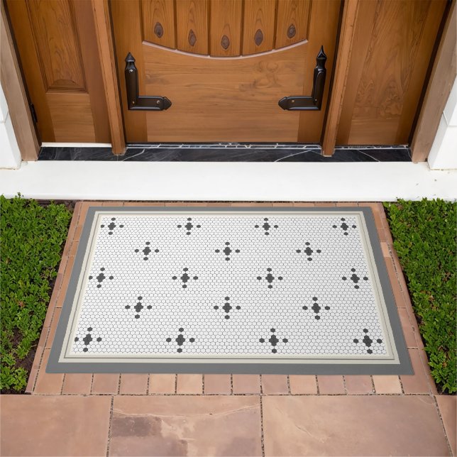 Grey 4-pointed star Faux Penny Tile Hexagon Tile Doormat (Outdoor)