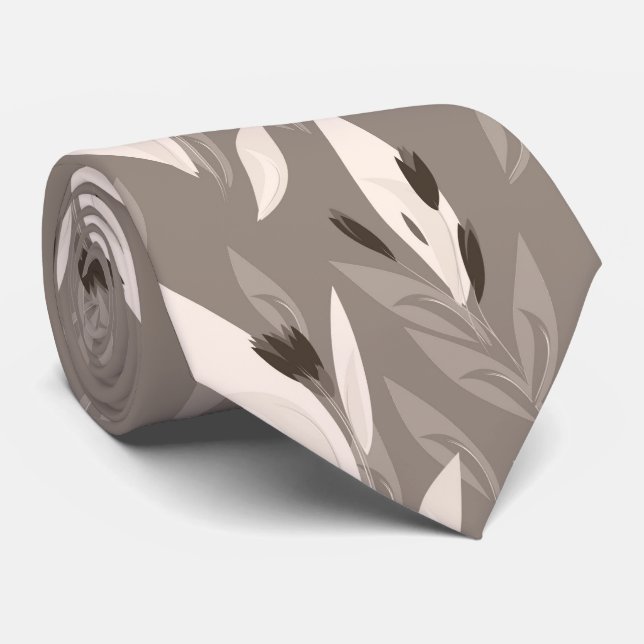 Grey abstract red retro flower pattern neck tie (Rolled)