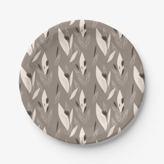 Grey abstract red retro flower pattern paper plates (Front)