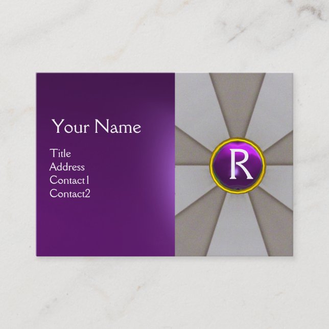 GREY ABSTRACT STRIPES ,PURPLE GEMSTONE MONOGRAM BUSINESS CARD (Front)