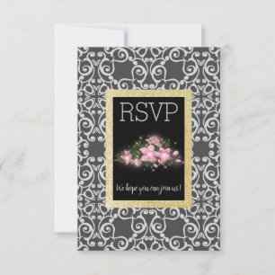Grey Abstract with gold glitter floral rsvp card