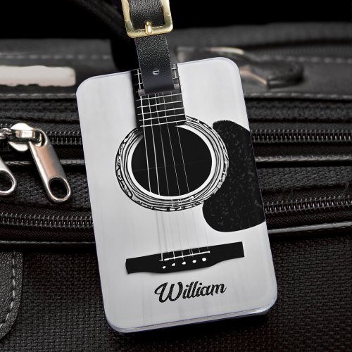 Grey Acoustic Guitar Woodgrain Guitarist Name Text Luggage Tag