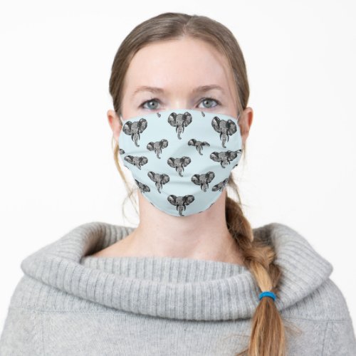 Grey African Elephant Heads Pattern Adult Cloth Face Mask