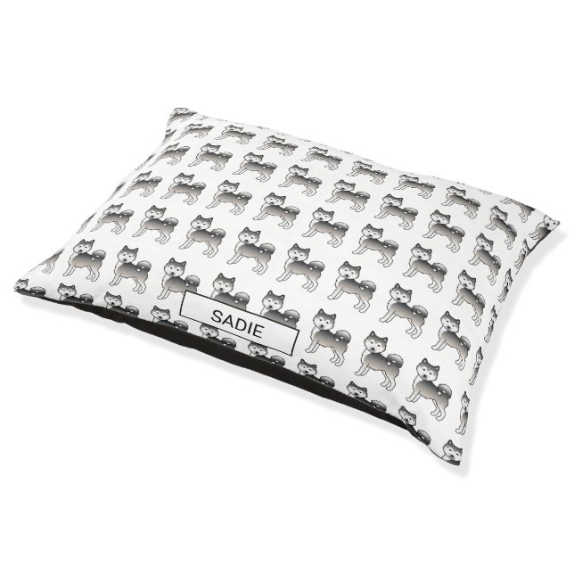Grey Alaskan Malamute Cartoon Dog Pattern & Name Pet Bed (Angled)
