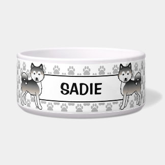 Grey Alaskan Malamute Cartoon Dogs &amp; Pet's Name Bowl