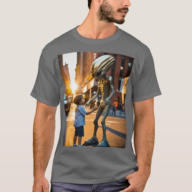 Grey Alien and the Boy at Golden Hour T-Shirt (Front)