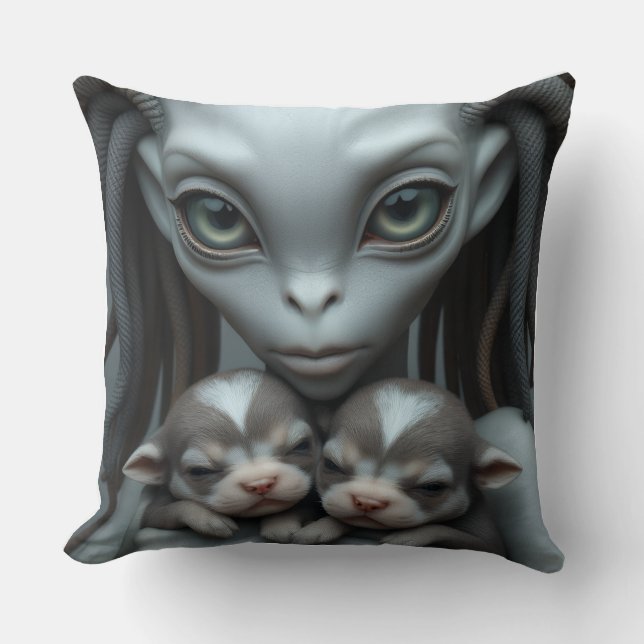 Grey Alien Holding Puppies Throw Pillow (Front)