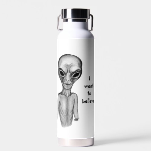 Grey Alien  I want to believe Water Bottle