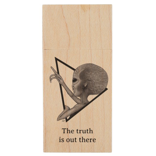 Grey Alien, the truth is out there Wood Flash Drive (Front Vertical)
