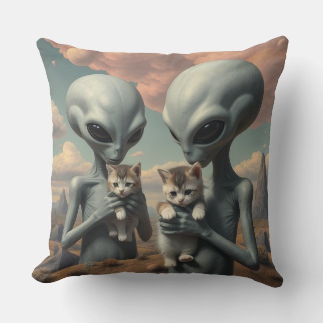 Grey Aliens Holding Kittens Throw Pillow (Front)