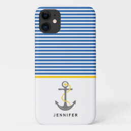 Grey anchor and blue white stripes yellow nautical iPhone 11 case