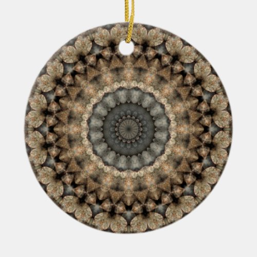 Grey and Beige Pebbles Round Mandala Kaleidoscope Ceramic Ornament