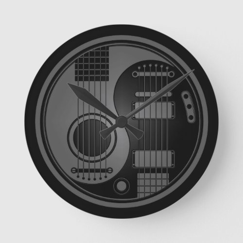 Grey and Black Acoustic Electric Guitars Yin Yang Round Clock