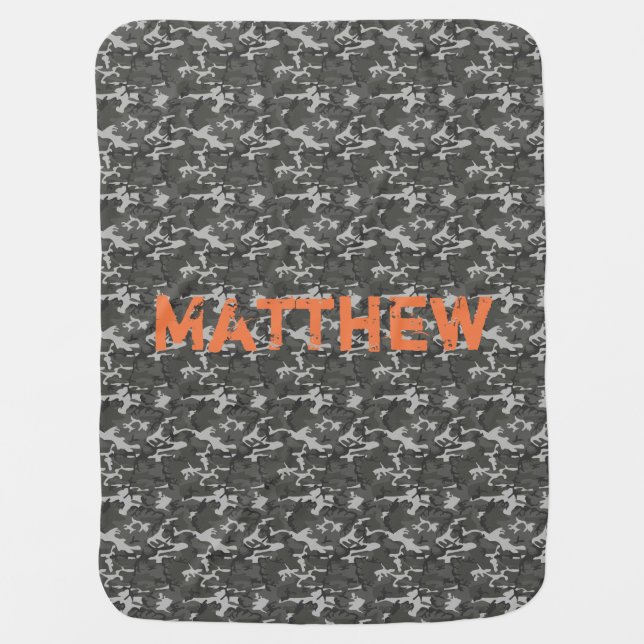 Grey and Black Camo Baby Blanket with Name (Front)