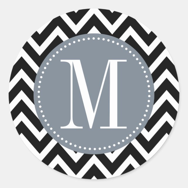 Grey and Black Chevron Custom Monogram Classic Round Sticker (Front)