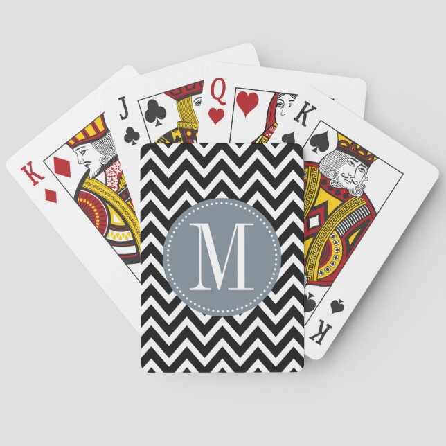 Grey and Black Chevron Custom Monogram Poker Cards (Back)