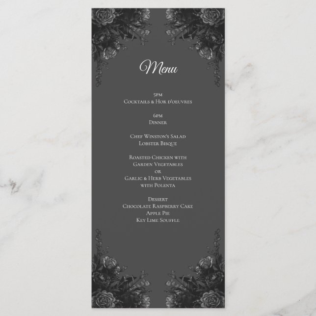 Grey and black floral wedding menu (Front)