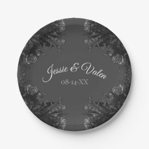 Grey and black floral wedding paper plates