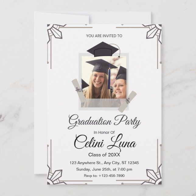 Grey and Black Illustrative Graduation Party Invitation (Front)