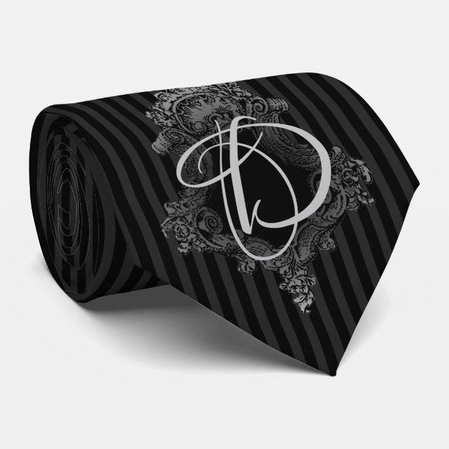 Grey and Black Monogram Initial Neck Tie (Rolled)