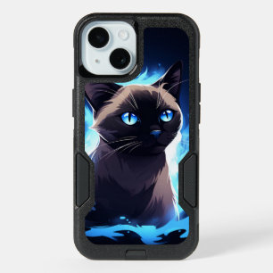 Grey and Black Siamese Cat on Electric Blue iPhone 15 Case